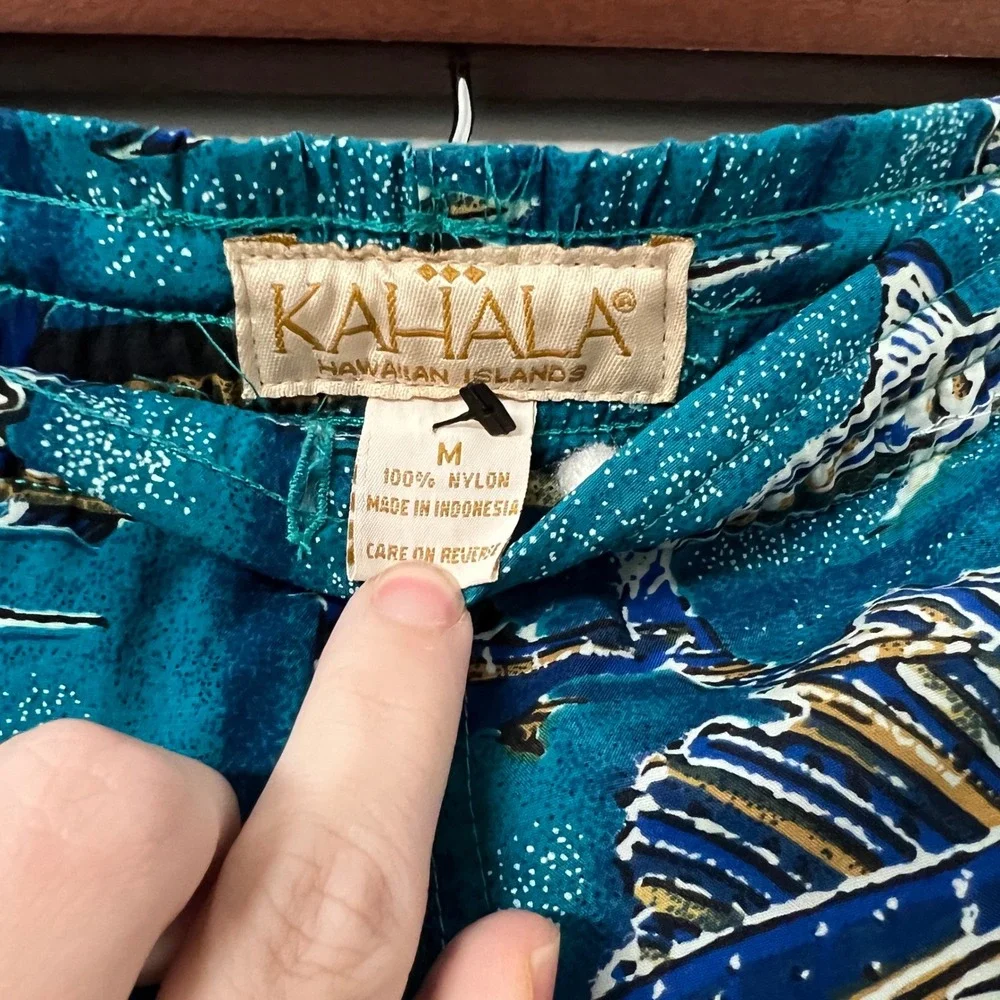 Kahala Hawaiian Islands Mens M Teal Marlin Fish Print Swim Trunks Board Shorts